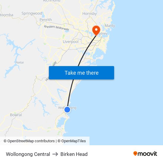 Wollongong Central to Birken Head map