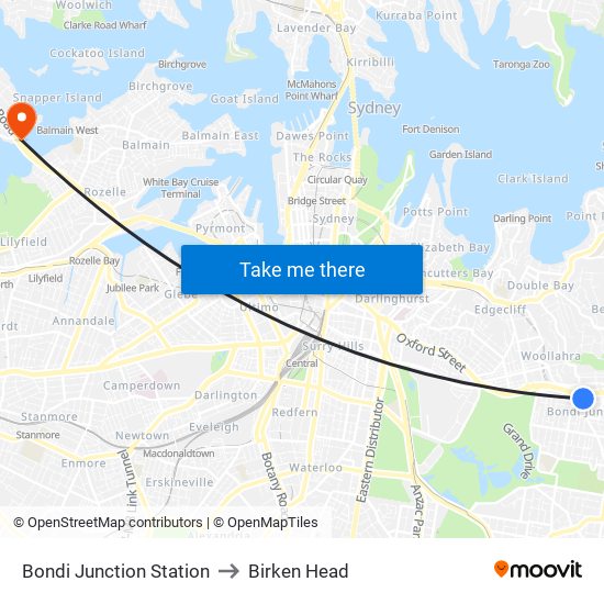 Bondi Junction Station to Birken Head map