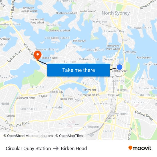 Circular Quay Station to Birken Head map