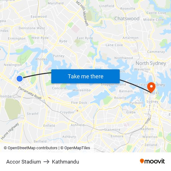 Stadium Australia to Kathmandu map