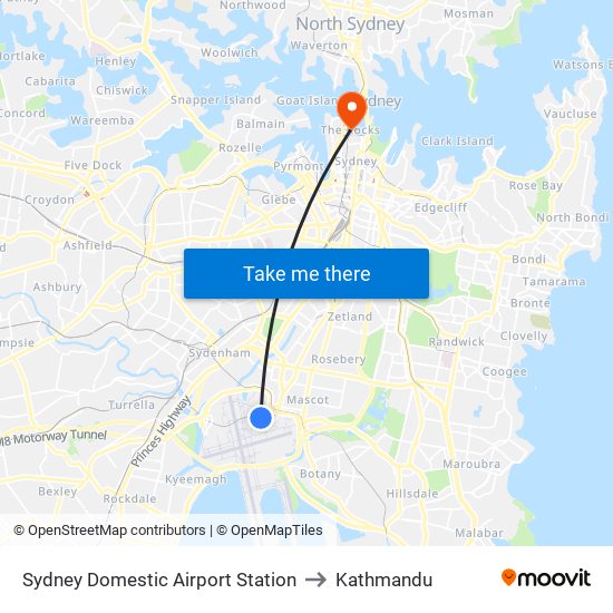 Sydney Domestic Airport Station to Kathmandu map