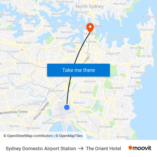 Sydney Domestic Airport Station to The Orient Hotel map
