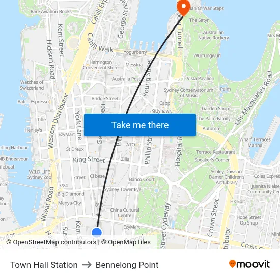Town Hall Station to Bennelong Point map