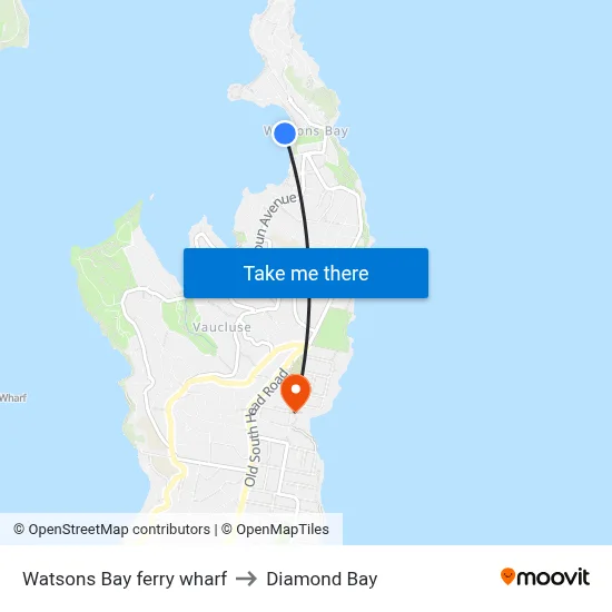 Watsons Bay ferry wharf to Diamond Bay map