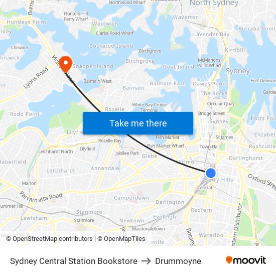 Sydney Central Station Bookstore to Drummoyne map