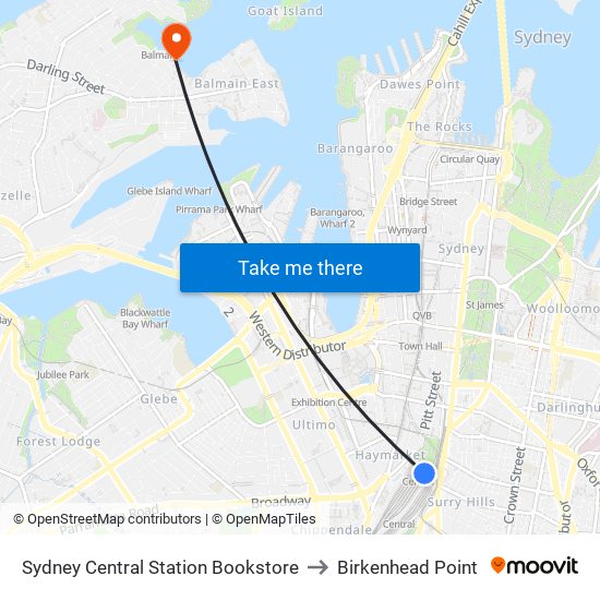 Sydney Central Station Bookstore to Birkenhead Point map