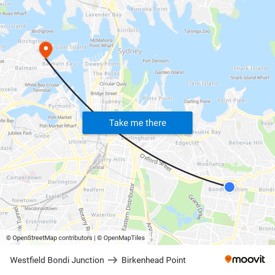 Westfield Bondi Junction to Birkenhead Point map