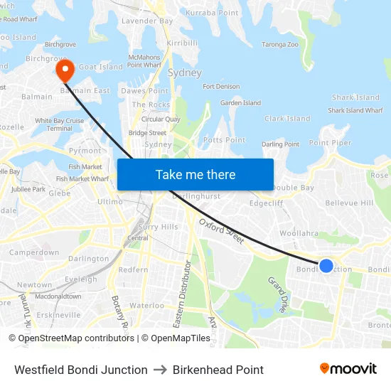 Westfield Bondi Junction to Birkenhead Point map