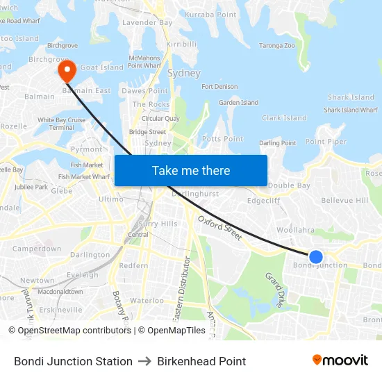 Bondi Junction Station to Birkenhead Point map