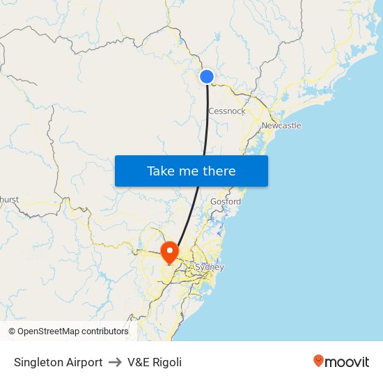 Singleton Airport to V&E Rigoli map