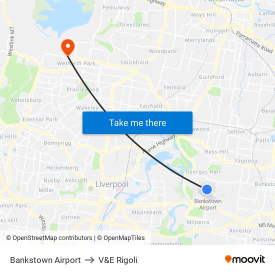 Bankstown Airport to V&E Rigoli map