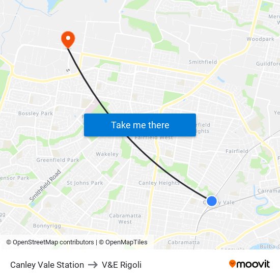 Canley Vale Station to V&E Rigoli map