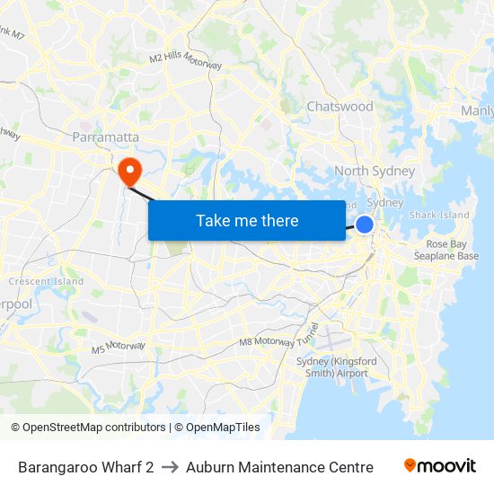 Barangaroo Wharf 2 to Auburn Maintenance Centre map