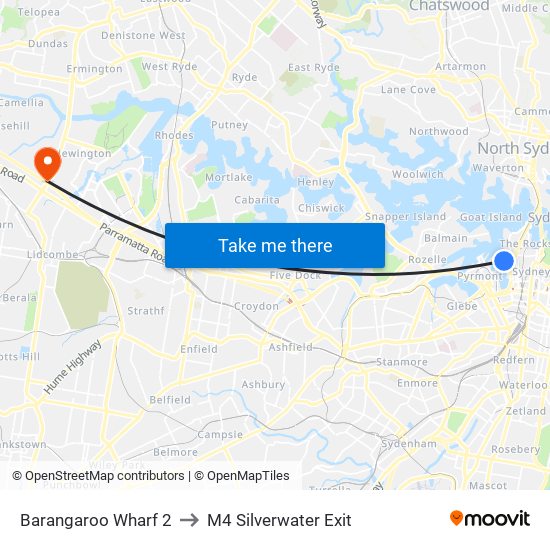Barangaroo Wharf 2 to M4 Silverwater Exit map