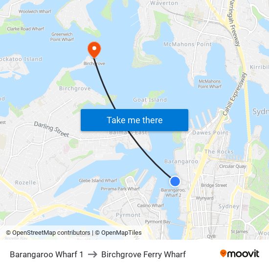 Barangaroo Wharf 1 to Birchgrove Ferry Wharf map