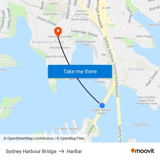 Sydney Harbour Bridge to HarBar map