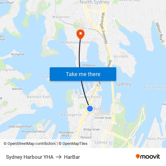 Sydney Harbour YHA to HarBar map