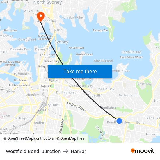 Westfield Bondi Junction to HarBar map