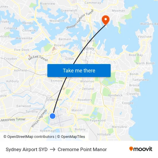 Sydney Airport SYD to Cremorne Point Manor map