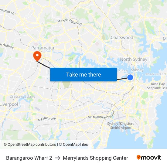Barangaroo Wharf 2 to Merrylands Shopping Center map