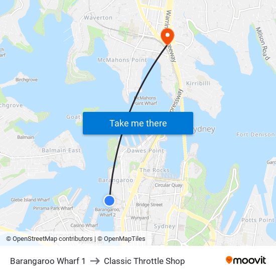 Barangaroo Wharf 1 to Classic Throttle Shop map