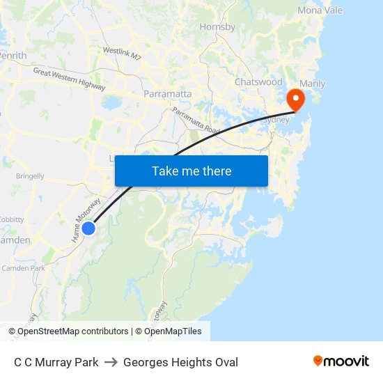 C C Murray Park to Georges Heights Oval map