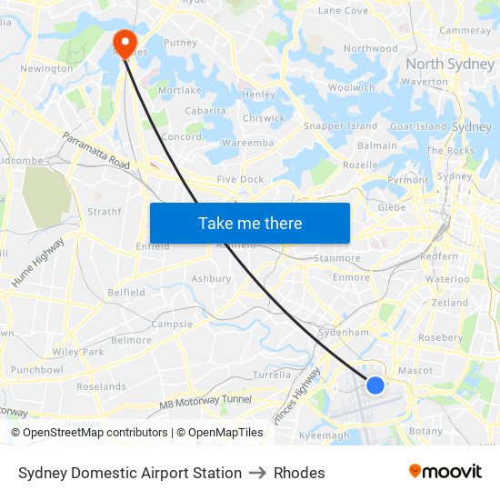 Sydney Domestic Airport Station to Rhodes map