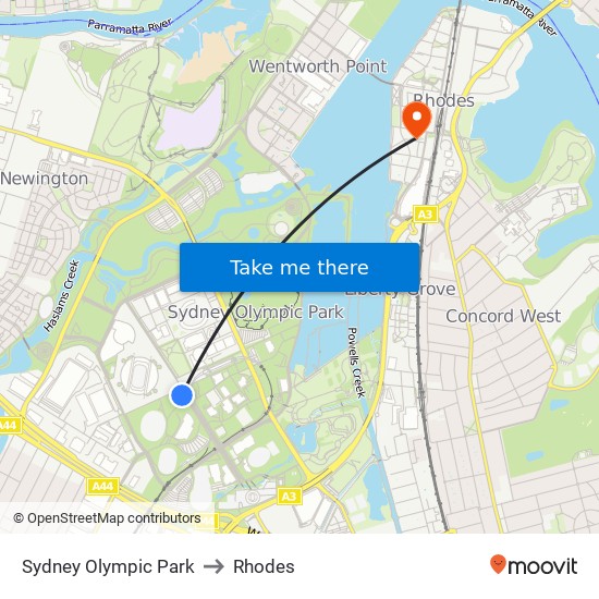 Sydney Olympic Park to Rhodes map