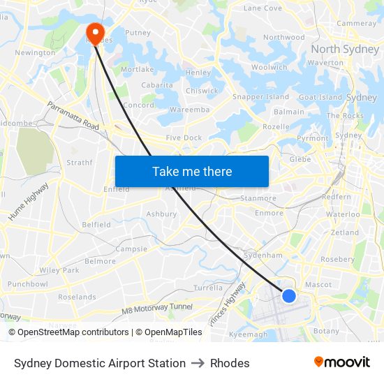 Sydney Domestic Airport Station to Rhodes map