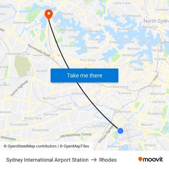 Sydney International Airport Station to Rhodes map