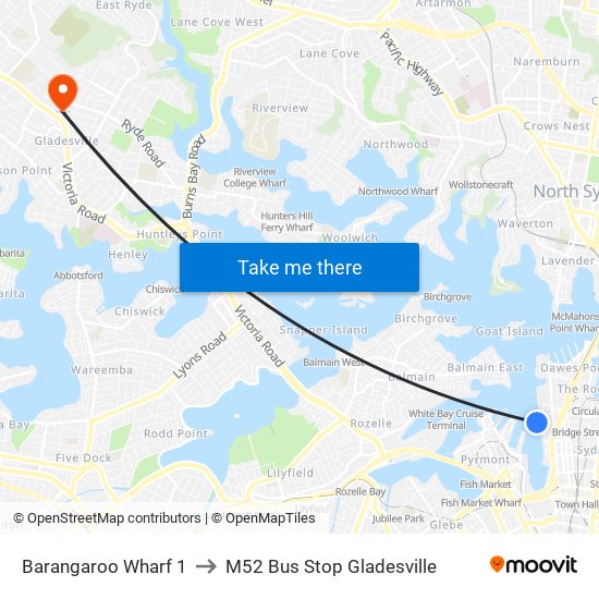 Barangaroo Wharf 1 to M52 Bus Stop Gladesville map