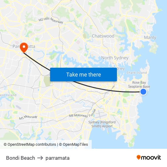 Bondi Beach to parramata map