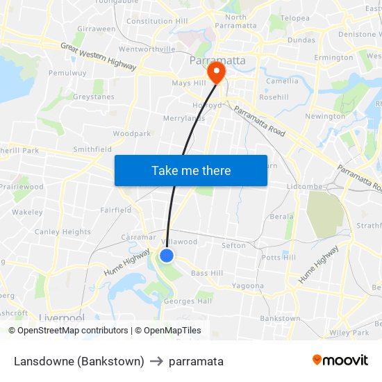 Lansdowne (Bankstown) to parramata map