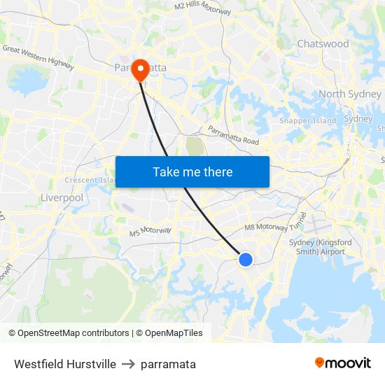 Westfield Hurstville to parramata map