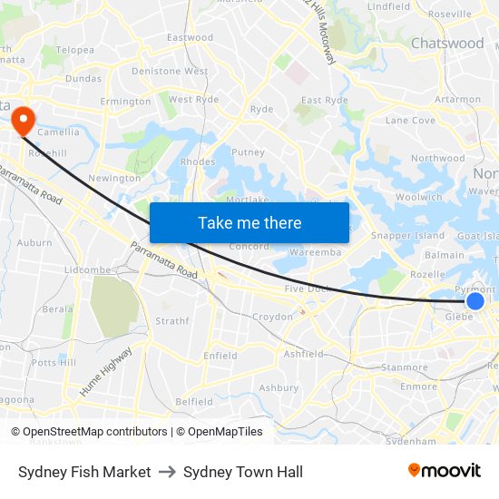 Sydney Fish Market to Sydney Town Hall map