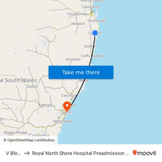 V Block to Royal North Shore Hospital Preadmission Clinic map