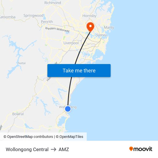Wollongong Central to AMZ map