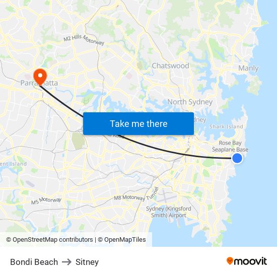 Bondi Beach to Sitney map