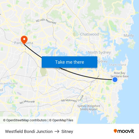 Westfield Bondi Junction to Sitney map