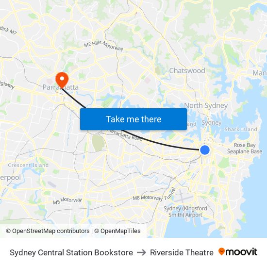 Sydney Central Station Bookstore to Riverside Theatre map