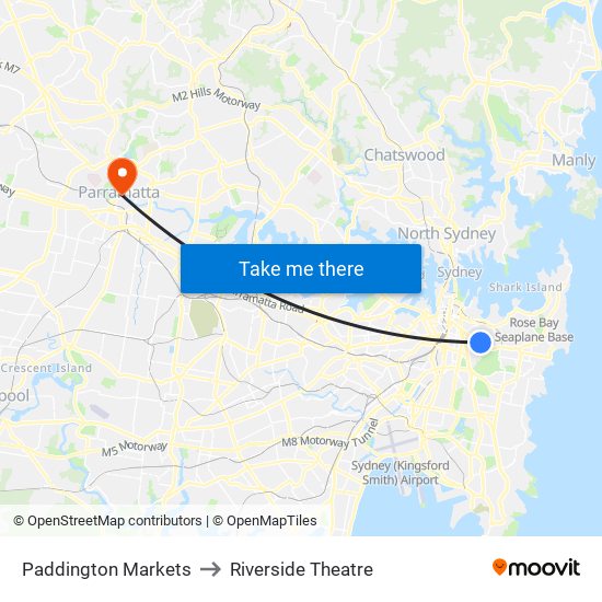 Paddington Markets to Riverside Theatre map
