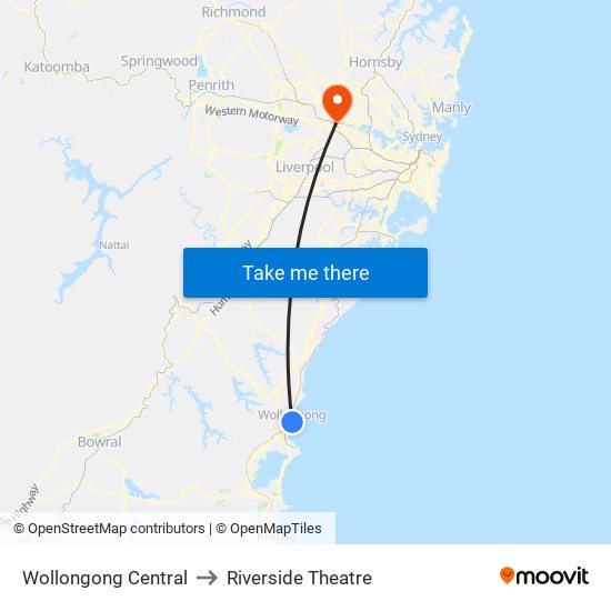 Wollongong Central to Riverside Theatre map