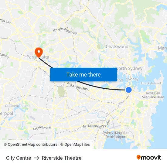 City Centre to Riverside Theatre map