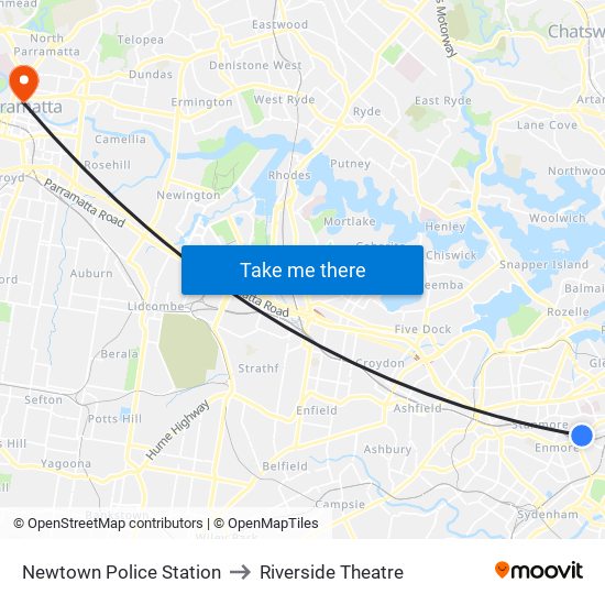 Newtown Police Station to Riverside Theatre map