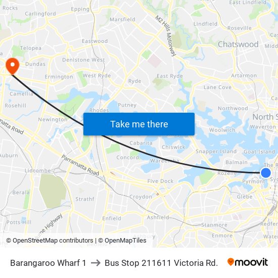 Barangaroo Wharf 1 to Bus Stop 211611 Victoria Rd. map