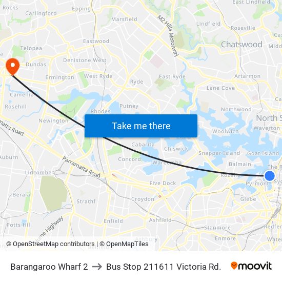 Barangaroo Wharf 2 to Bus Stop 211611 Victoria Rd. map