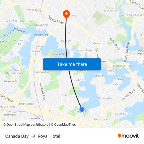 Canada Bay to Royal Hotel map