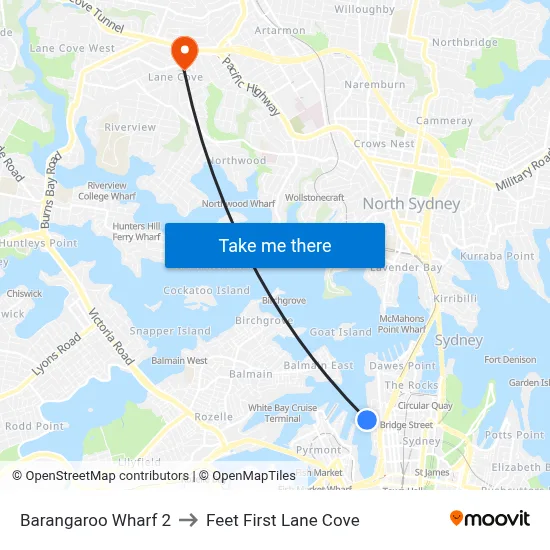 Barangaroo Wharf 2 to Feet First Lane Cove map
