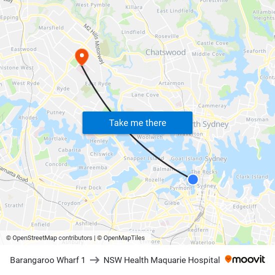 Barangaroo Wharf 1 to NSW Health Maquarie Hospital map