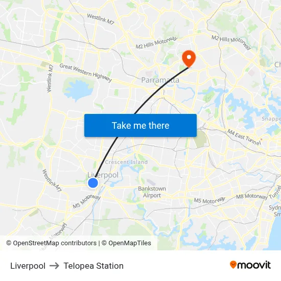 Liverpool to Telopea Station map